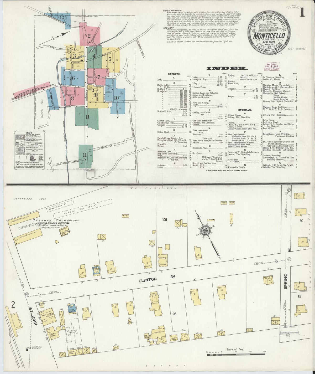 Sanborn Fire Insurance Map from Monticello, Sullivan County, New York (1911), Sheet #0001 - Historic Sanborn Fire Insurance Map Print, vintage old map wall art, antique decor, genealogy gift, New York New York map