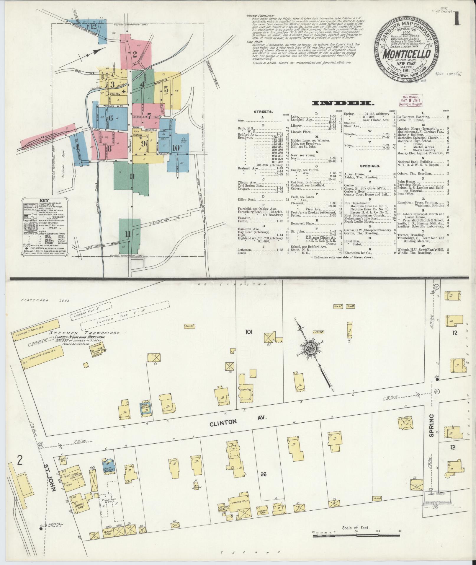 Sanborn Fire Insurance Map from Monticello, Sullivan County, New York (1911), Sheet #0001 - Historic Sanborn Fire Insurance Map Print, vintage old map wall art, antique decor, genealogy gift, New York New York map