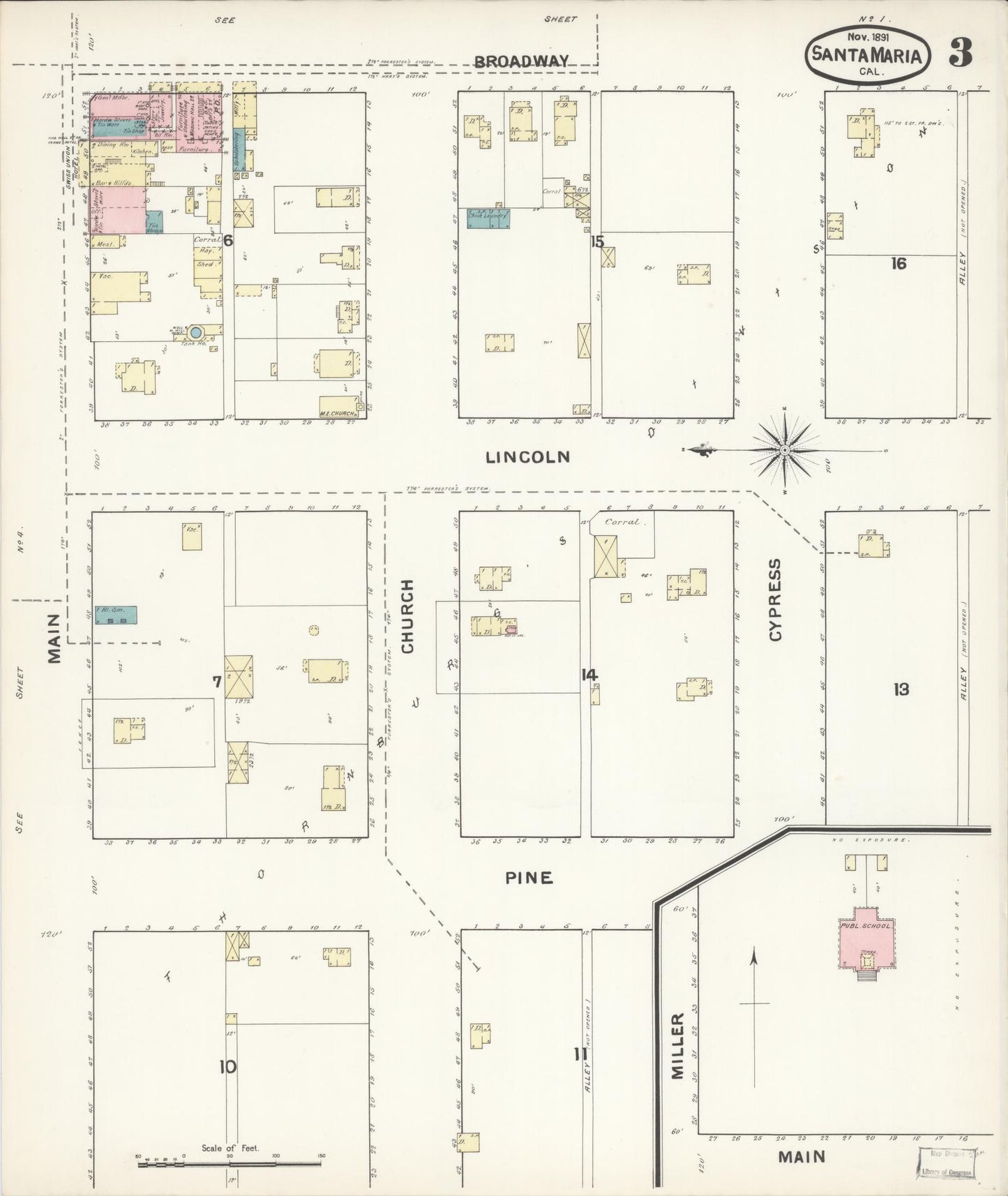 Sanborn Fire Insurance Map from Santa Maria, Santa Barbara County, California (1891), Sheet #0003 - Complete Map Set gallery image, historic Sanborn map, vintage wall art, California California