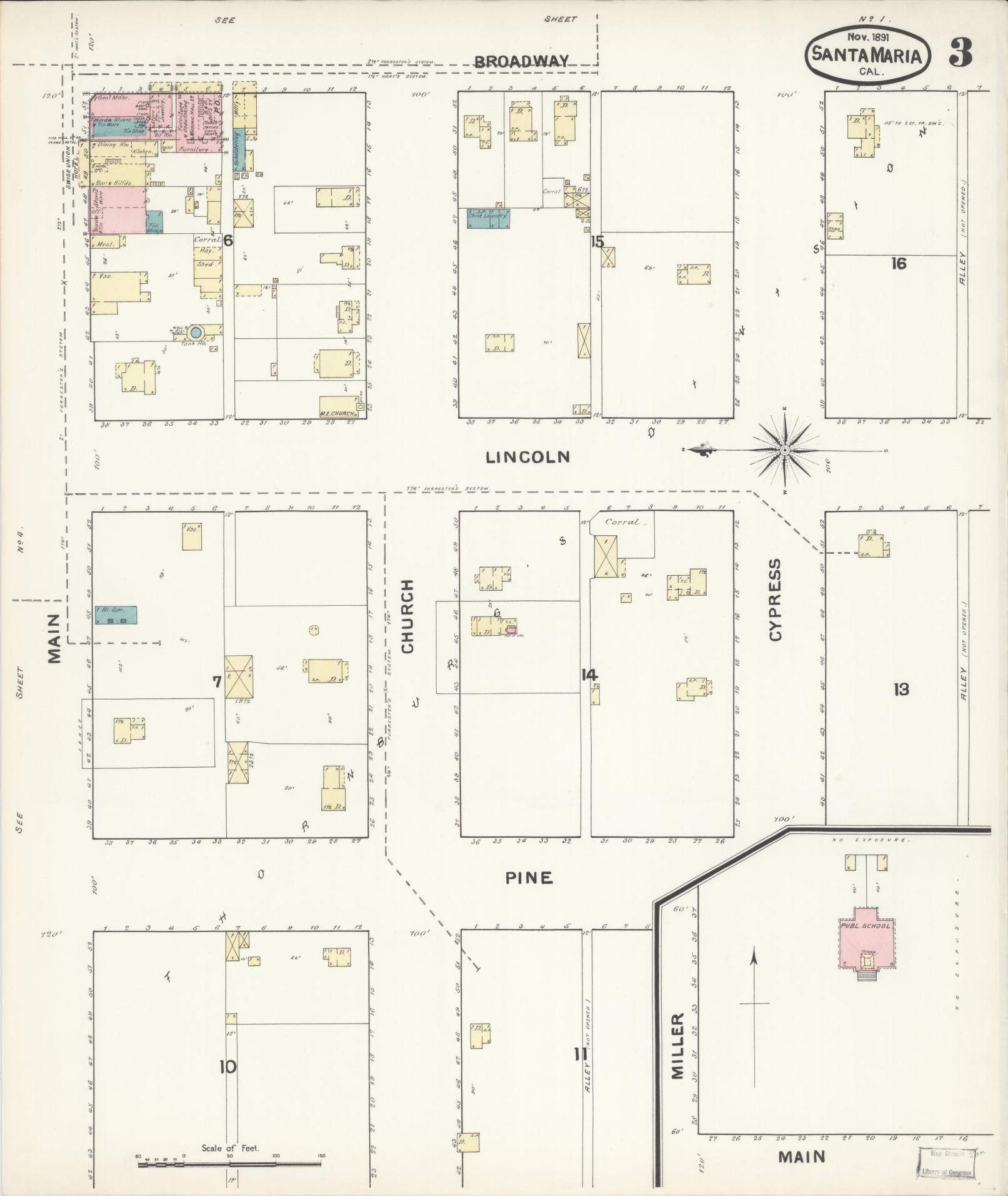 Sanborn Fire Insurance Map from Santa Maria, Santa Barbara County, California (1891), Sheet #0003 - Complete Map Set gallery image, historic Sanborn map, vintage wall art, California California