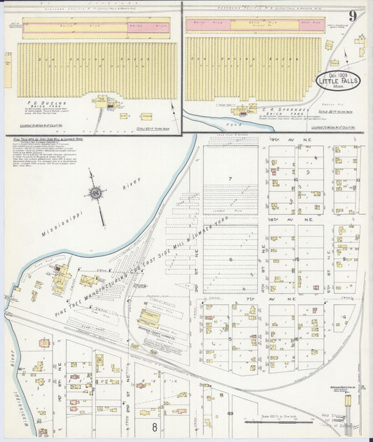 Sanborn Fire Insurance Map from Little Falls, Morrison County, Minnesota (1909), Sheet #0009 - Historic Sanborn Fire Insurance Map Print, vintage old map wall art, antique decor, genealogy gift, Minnesota Minnesota map