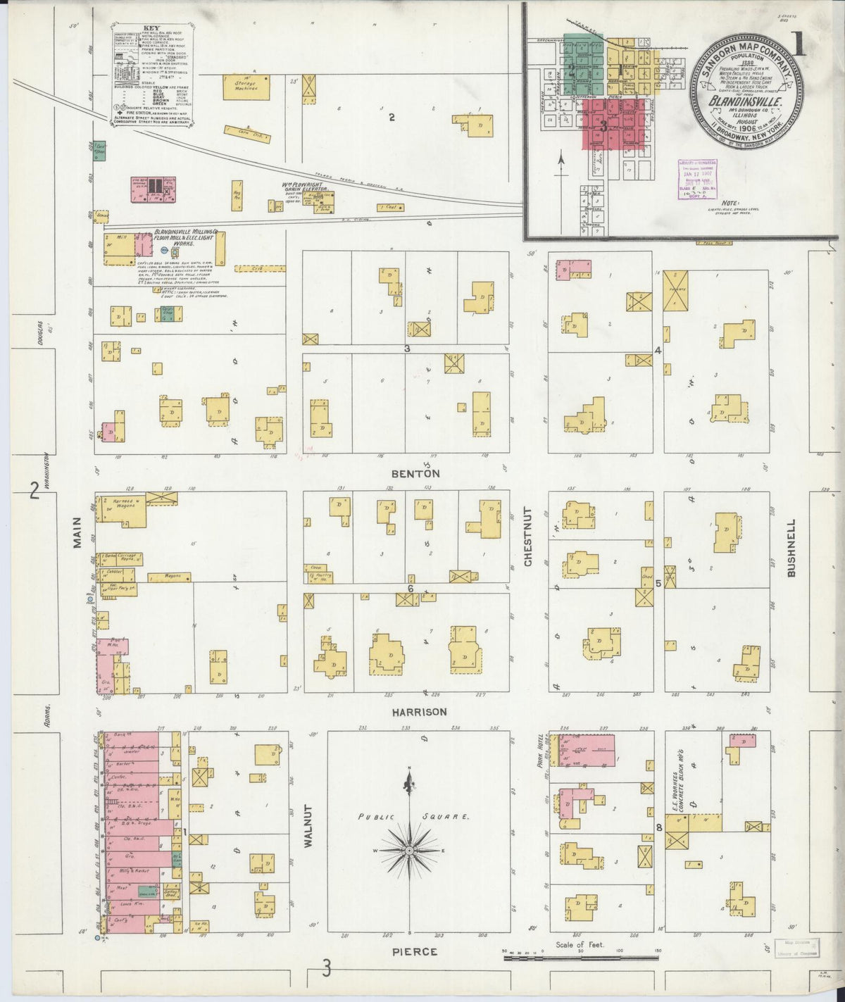 Sanborn Fire Insurance Map from Blandinsville, Mcdonough County, Illinois (1906), Sheet #0001 - Complete Map Set gallery image, historic Sanborn map, vintage wall art, Illinois Illinois