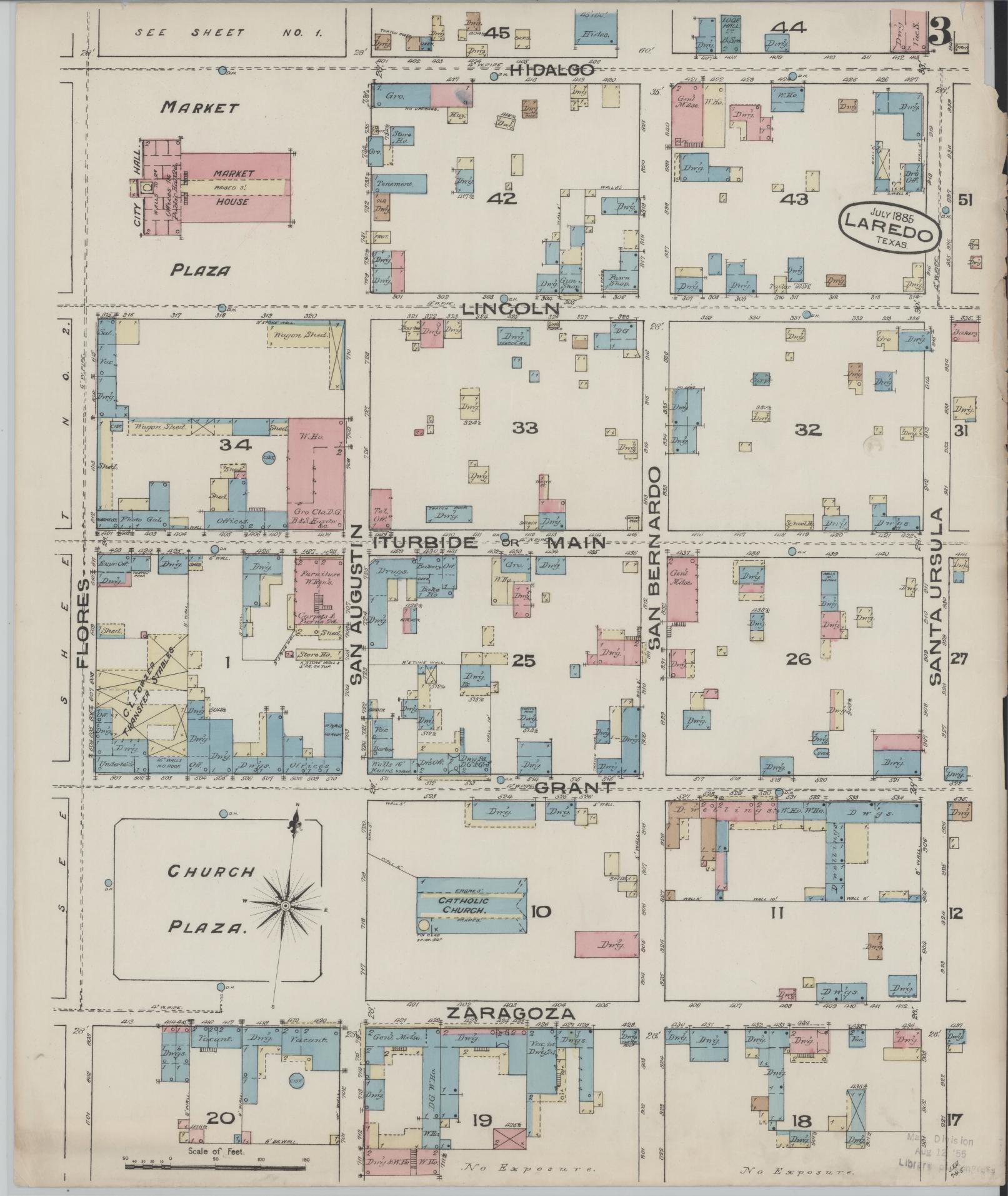Sanborn Fire Insurance Map from Laredo, Webb County, Texas (1885), Sheet #0003 - Historic Sanborn Fire Insurance Map Print, vintage old map wall art, antique decor, genealogy gift, Texas Texas map
