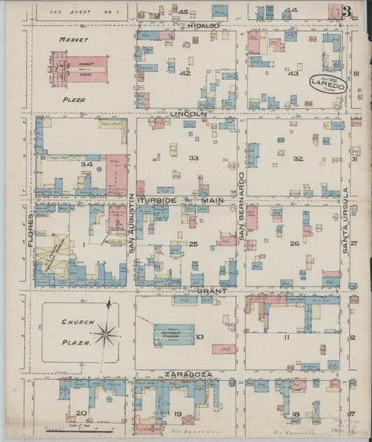 Sanborn Fire Insurance Map from Laredo, Webb County, Texas (1885), Sheet #0003 - Historic Sanborn Fire Insurance Map Print, vintage old map wall art, antique decor, genealogy gift, Texas Texas map