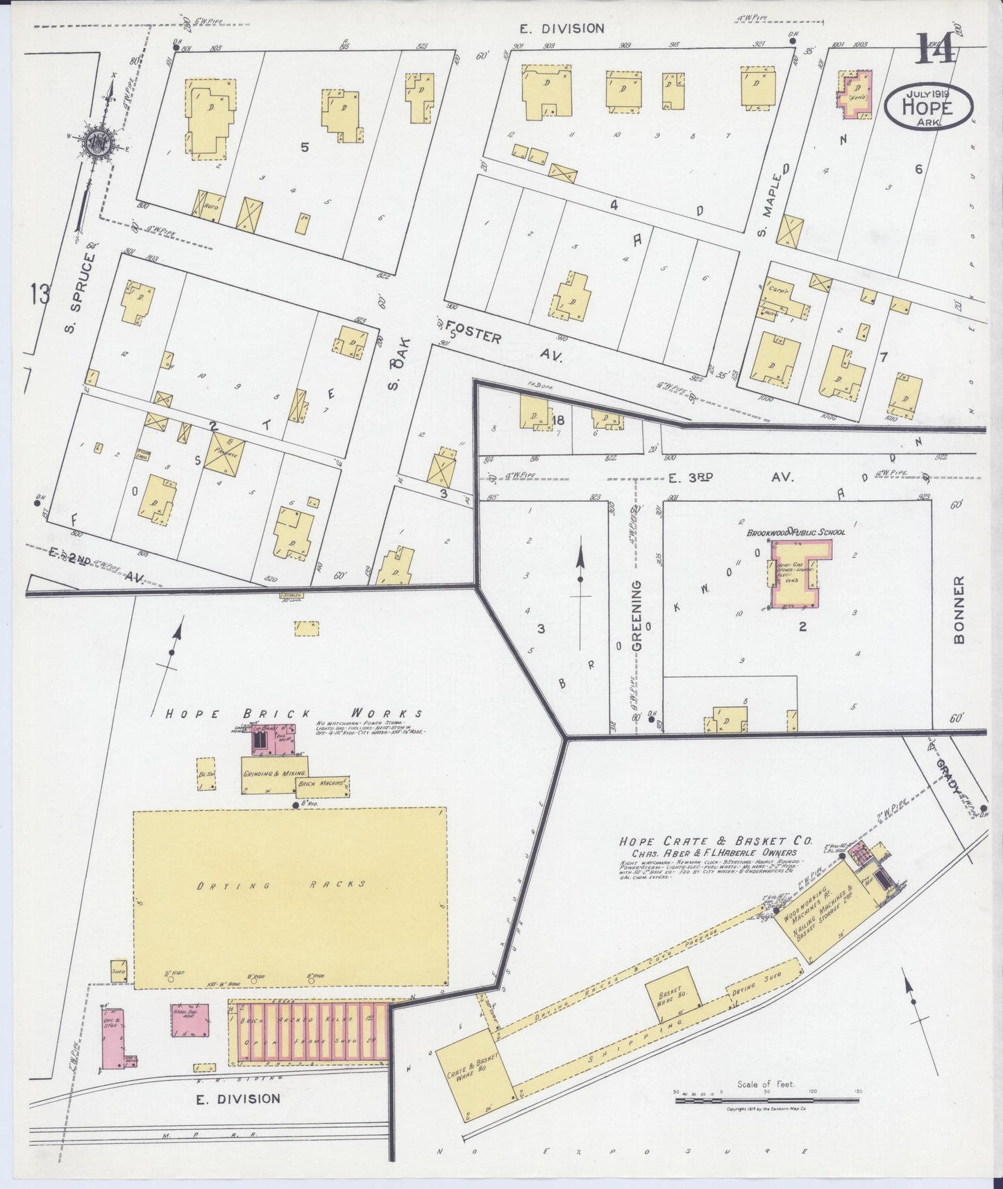Sanborn Fire Insurance Map from Hope, Hempstead County, Arkansas (1919), Sheet #0014 - Historic Sanborn Fire Insurance Map Print, vintage old map wall art, antique decor, genealogy gift, Arkansas Arkansas map