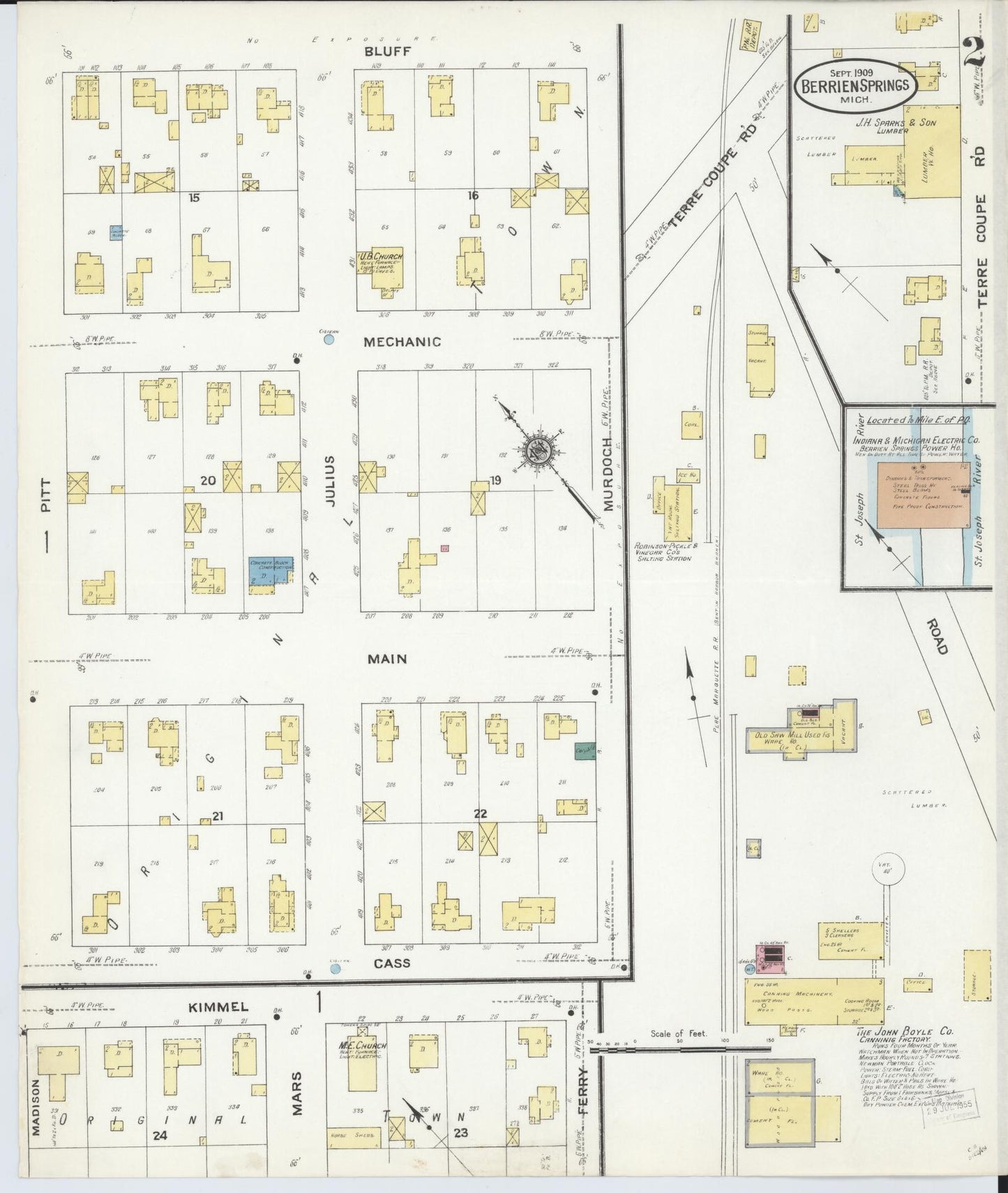 Sanborn Fire Insurance Map from Berrien Springs, Berrien County, Michigan (1909), Sheet #0002 - Historic Sanborn Fire Insurance Map Print, vintage old map wall art, antique decor, genealogy gift, Michigan Michigan map