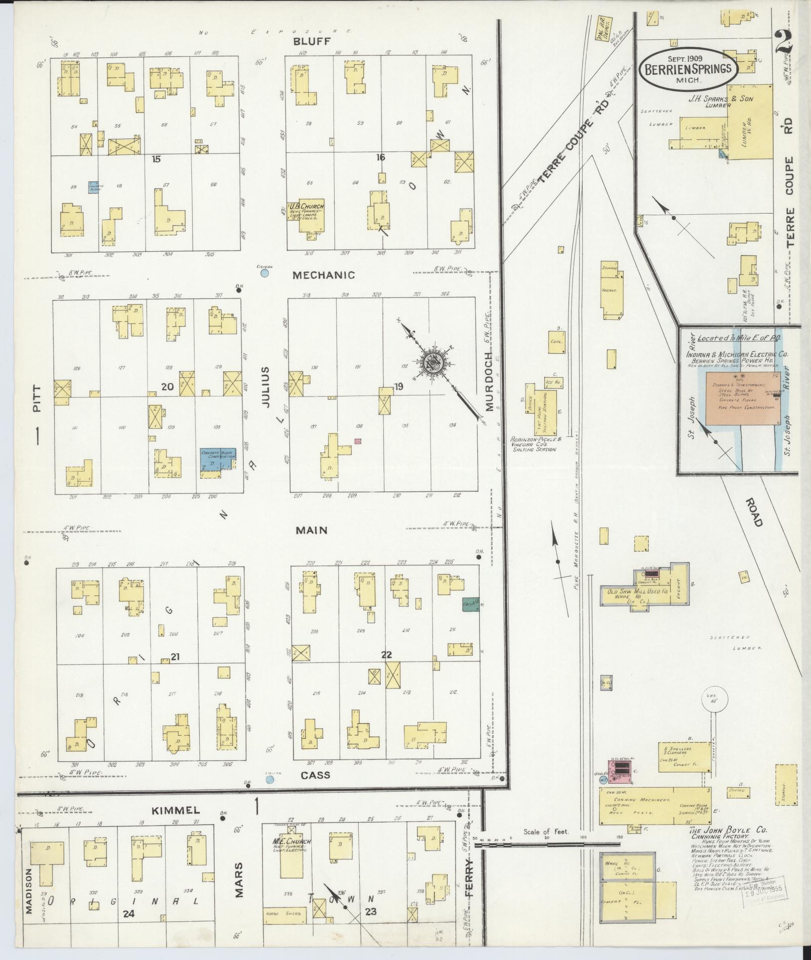 Sanborn Fire Insurance Map from Berrien Springs, Berrien County, Michigan (1909), Sheet #0002 - Historic Sanborn Fire Insurance Map Print, vintage old map wall art, antique decor, genealogy gift, Michigan Michigan map