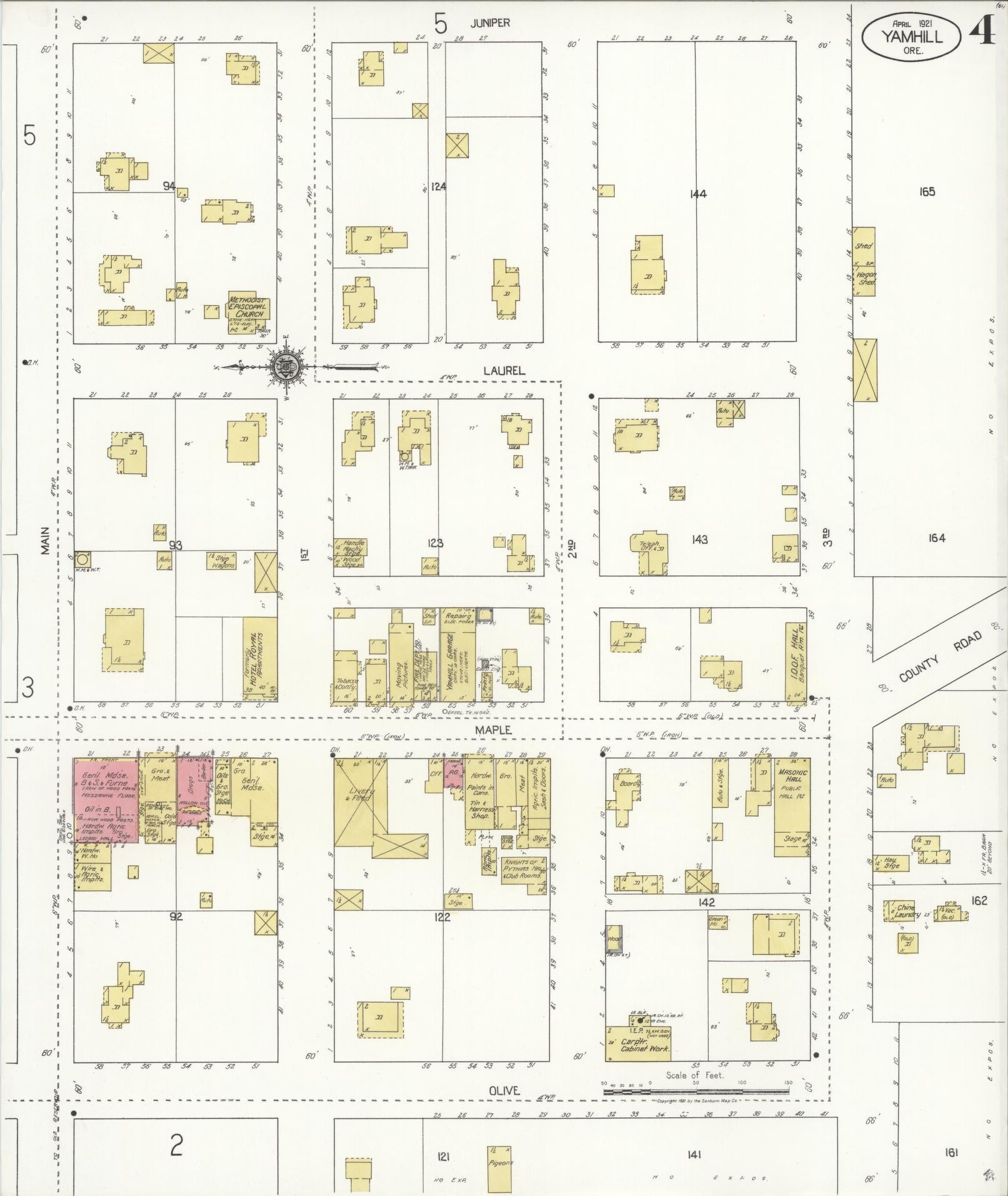 Sanborn Fire Insurance Map from Yamhill, Yamhill County, Oregon (1921), Sheet #0004 - Complete Map Set gallery image, historic Sanborn map, vintage wall art, Oregon Oregon