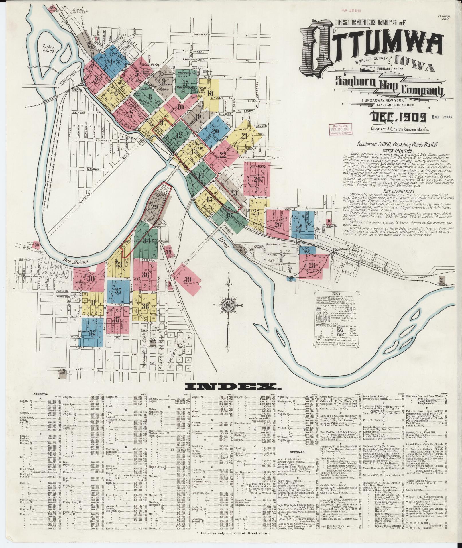 Sanborn Fire Insurance Map from Ottumwa, Wapello County, Iowa (1909), Sheet #0001 - Historic Sanborn Fire Insurance Map Print, vintage old map wall art