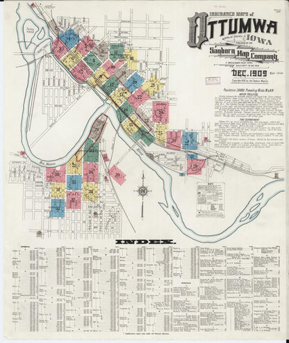 Sanborn Fire Insurance Map from Ottumwa, Wapello County, Iowa (1909), Sheet #0001 - Historic Sanborn Fire Insurance Map Print, vintage old map wall art