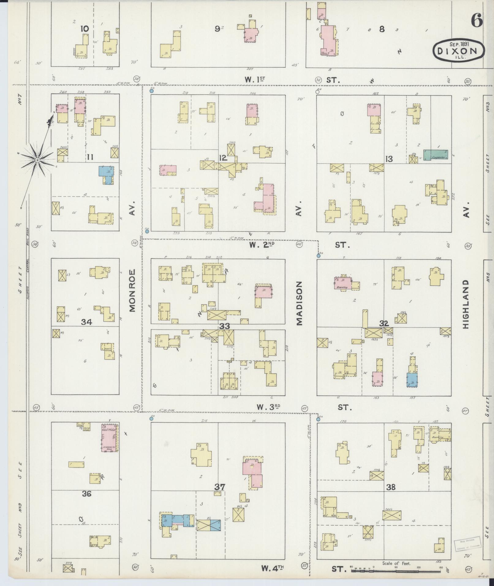 Sanborn Fire Insurance Map from Dixon, Lee County, Illinois (1891), Sheet #0006 - Complete Map Set gallery image, historic Sanborn map, vintage wall art, Illinois Illinois