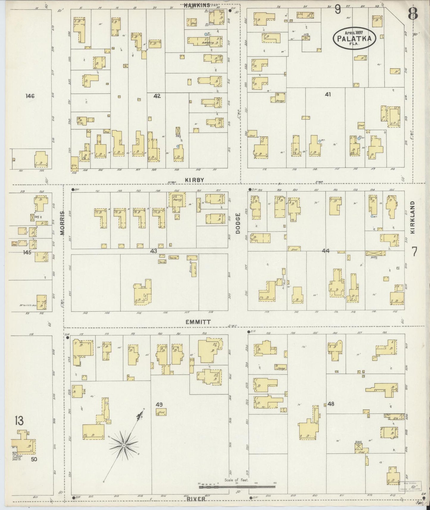 Sanborn Fire Insurance Map from Palatka, Putnam County, Florida (1897), Sheet #0008 - Complete Map Set gallery image, historic Sanborn map, vintage wall art, Florida Florida