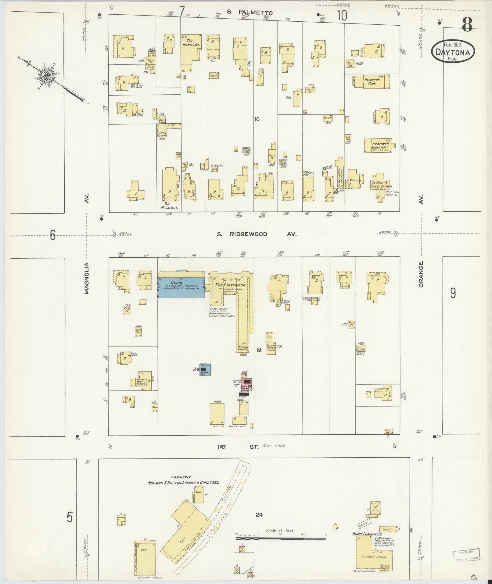 Sanborn Fire Insurance Map from Daytona, Volusia County, Florida (1912), Sheet #0008 - Complete Map Set gallery image, historic Sanborn map, vintage wall art, Florida Florida