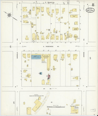 Sanborn Fire Insurance Map from Daytona, Volusia County, Florida (1912), Sheet #0008 - Complete Map Set gallery image, historic Sanborn map, vintage wall art, Florida Florida