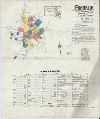 Sanborn Fire Insurance Map from Franklin, Norfolk County, Massachusetts (1919), Sheet #0001 - Historic Sanborn Fire Insurance Map Print, vintage old map wall art, antique decor, genealogy gift, Massachusetts Massachusetts map