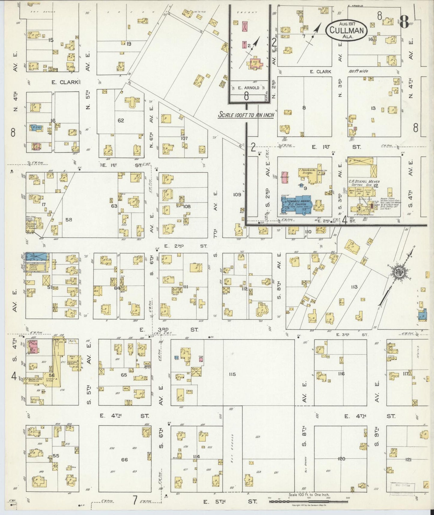 Sanborn Fire Insurance Map from Cullman, Cullman County, Alabama (1917), Sheet #0008 - Complete Map Set gallery image, historic Sanborn map, vintage wall art, Alabama Alabama