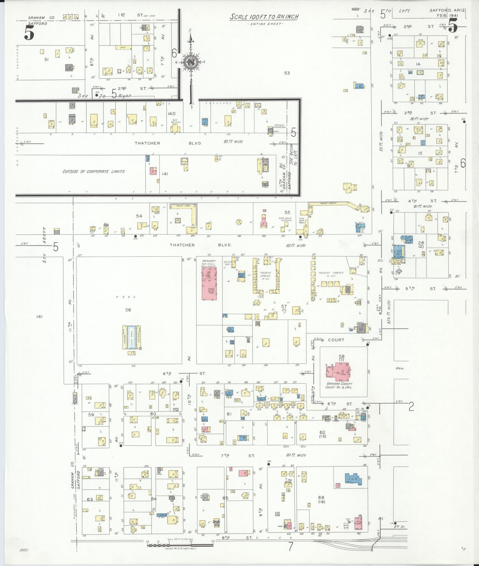 Sanborn Fire Insurance Map from Safford, Graham County, Arizona (1941), Sheet #0005 - Complete Map Set gallery image, historic Sanborn map, vintage wall art, Arizona Arizona