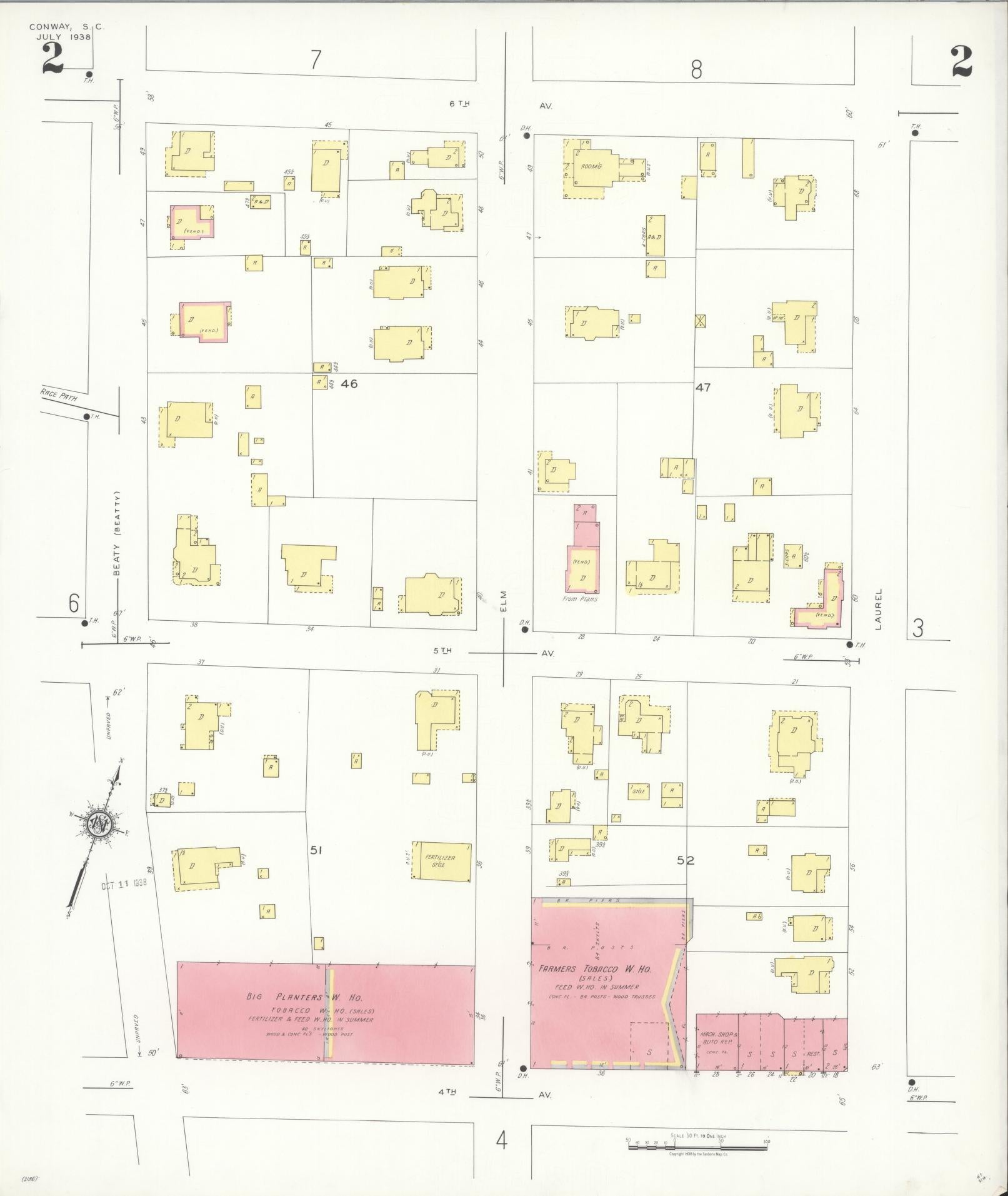 Sanborn Fire Insurance Map from Conway, Horry County, South Carolina (1938), Sheet #0002 - Historic Sanborn Fire Insurance Map Print, vintage old map wall art, antique decor, genealogy gift, South Carolina South Carolina map