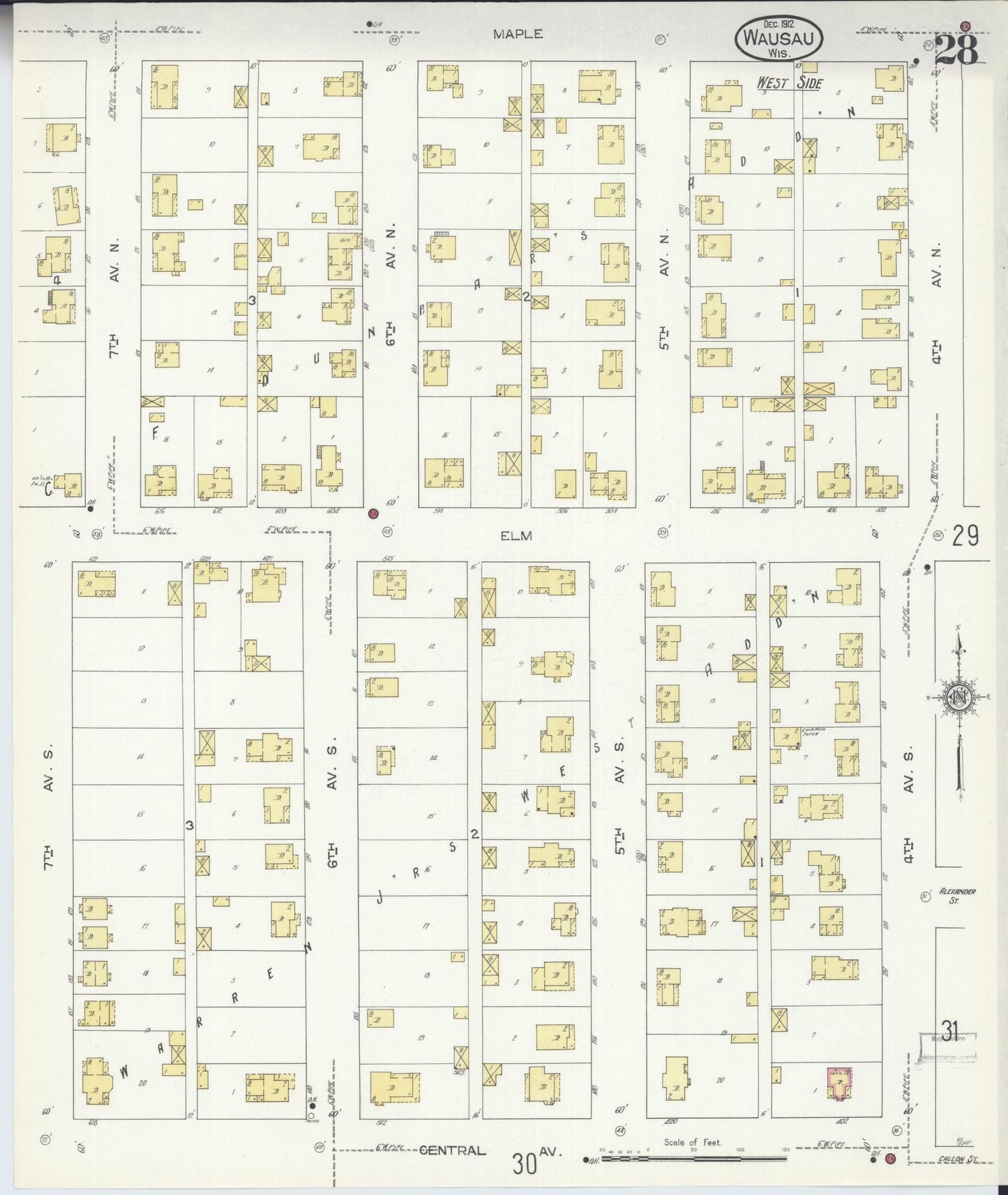 Sanborn Fire Insurance Map from Wausau, Marathon County, Wisconsin (1912), Sheet #0028 - Historic Sanborn Fire Insurance Map Print, vintage old map wall art, antique decor, genealogy gift, Wisconsin Wisconsin map