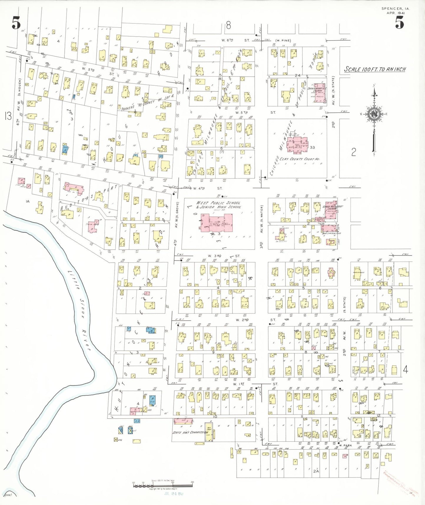 Sanborn Fire Insurance Map from Spencer, Clay County, Iowa (1941), Sheet #0005 - Historic Sanborn Fire Insurance Map Print, vintage old map wall art