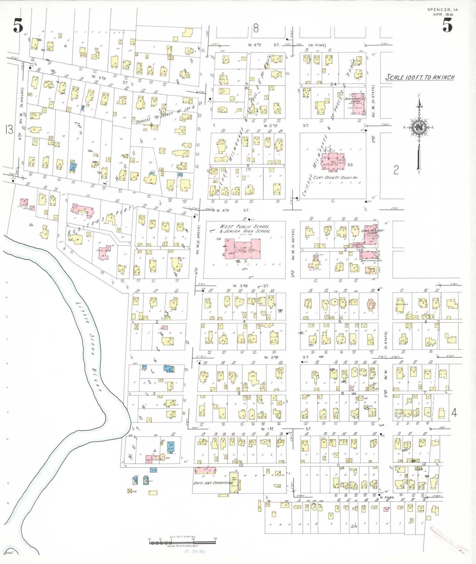 Sanborn Fire Insurance Map from Spencer, Clay County, Iowa (1941), Sheet #0005 - Historic Sanborn Fire Insurance Map Print, vintage old map wall art