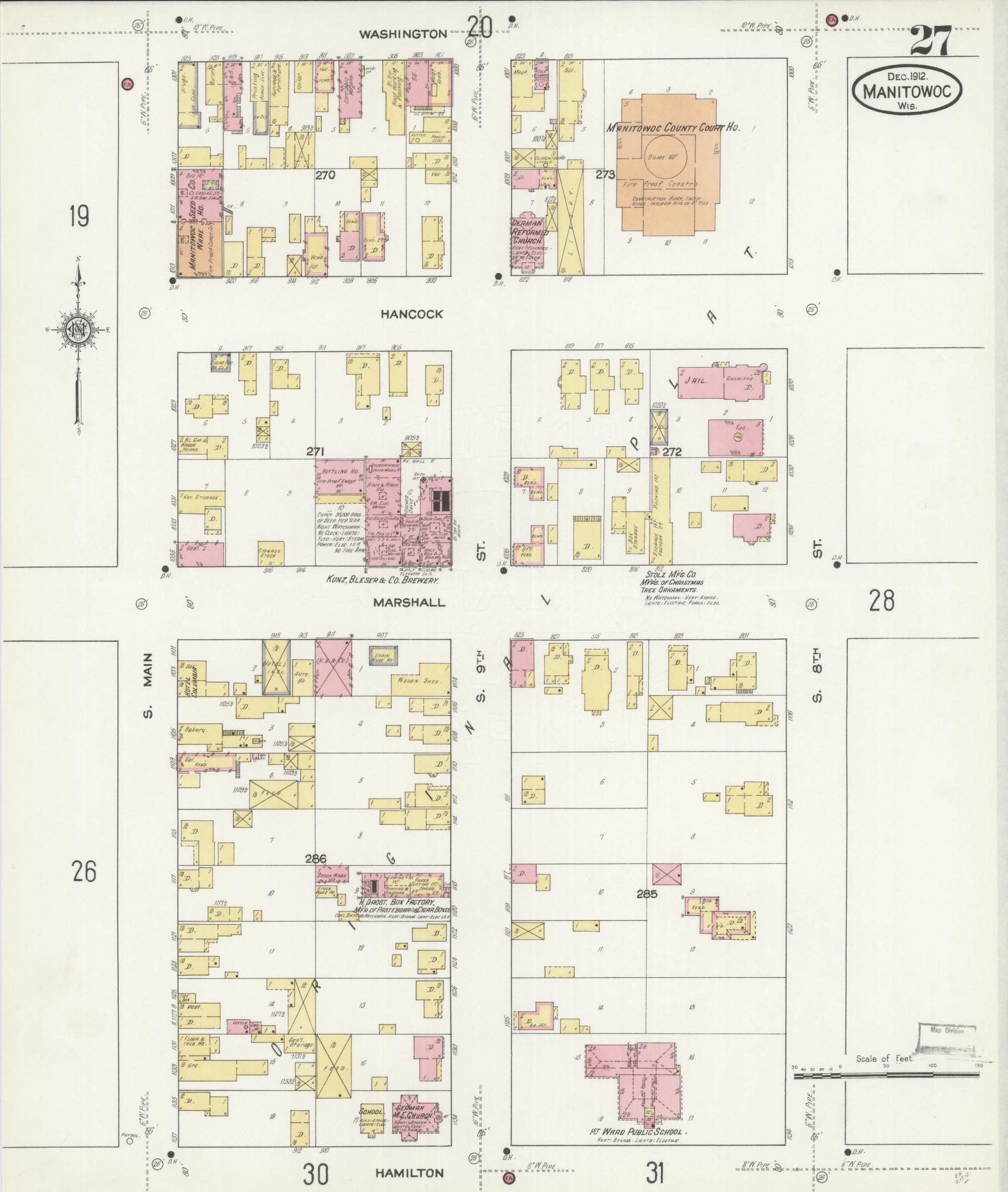 Sanborn Fire Insurance Map from Manitowoc, Manitowoc County, Wisconsin (1912), Sheet #0027 - Historic Sanborn Fire Insurance Map Print, vintage old map wall art, antique decor, genealogy gift, Wisconsin Wisconsin map