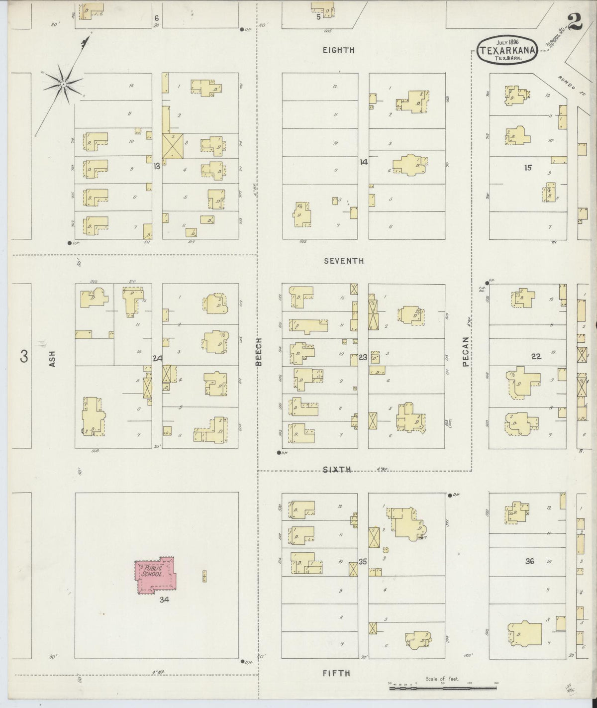 Sanborn Fire Insurance Map from Texarkana, Bowie County, Texas (1896), Sheet #0002 - Complete Map Set gallery image, historic Sanborn map, vintage wall art, Texas Texas