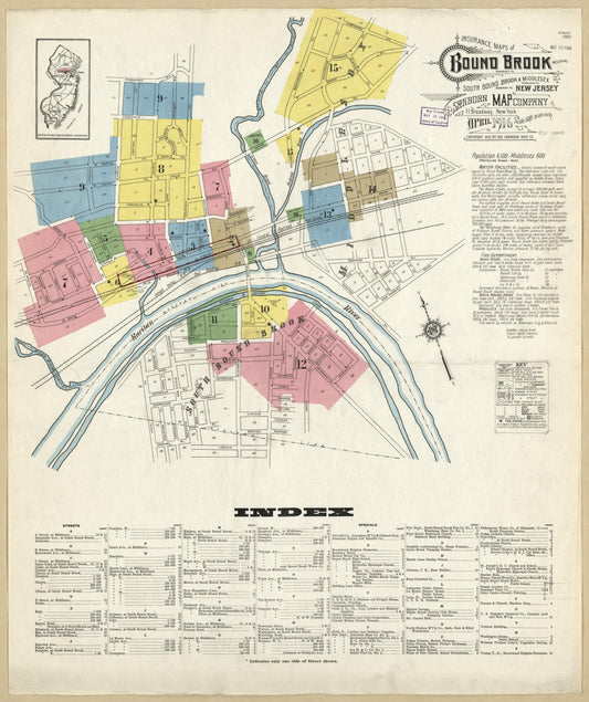 Sanborn Fire Insurance Map from Bound Brook, Somerset County, New Jersey (1916), Sheet #0001 - Historic Sanborn Fire Insurance Map Print, vintage old map wall art, antique decor, genealogy gift, New Jersey New Jersey map
