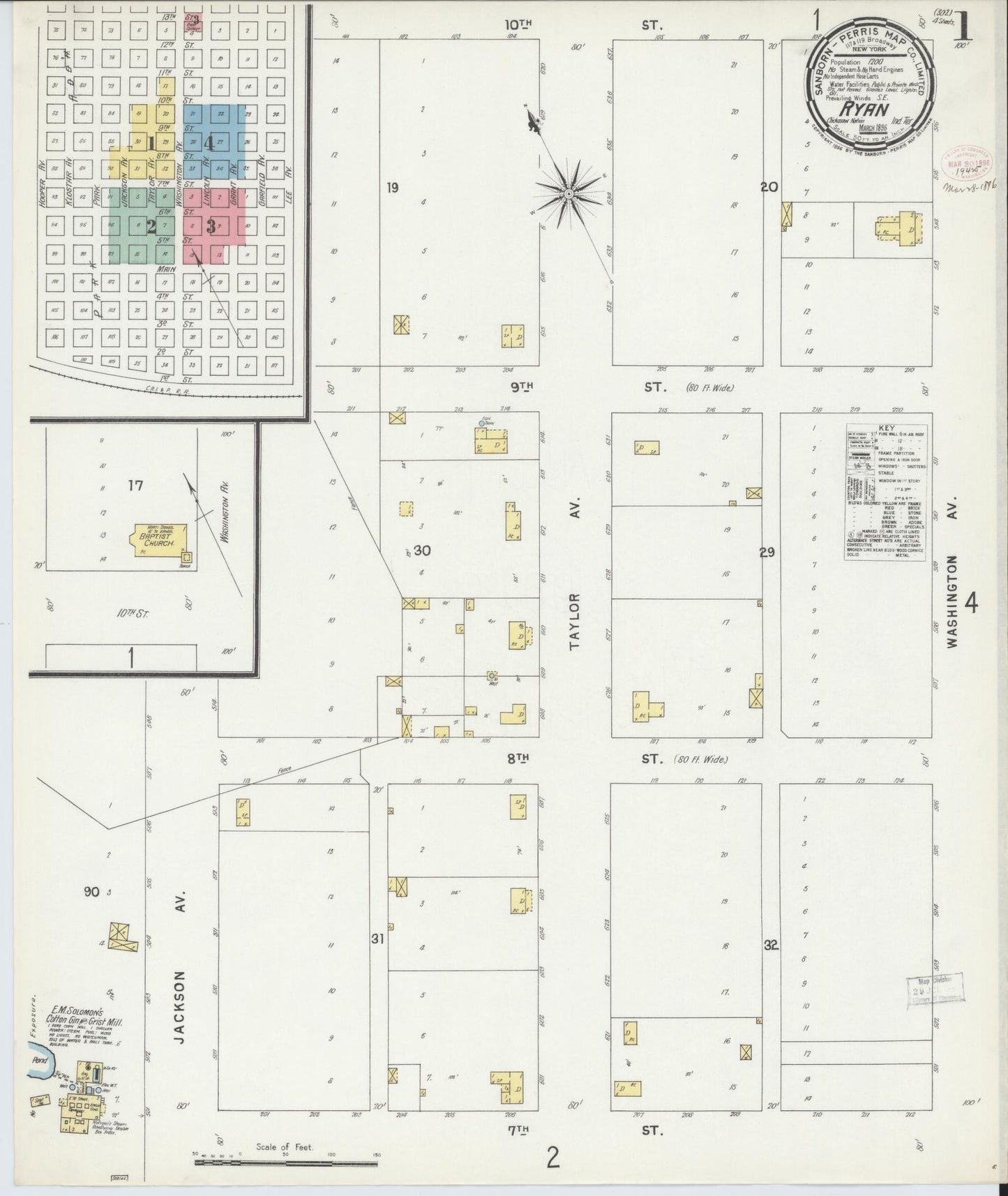 Sanborn Fire Insurance Map from Ryan, Jefferson County, Oklahoma (1896), Sheet #0001 - Complete Map Set gallery image, historic Sanborn map, vintage wall art, Oklahoma Oklahoma