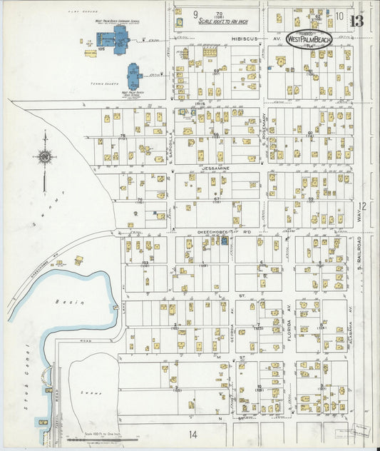 Sanborn Fire Insurance Map from West Palm Beach, Dade County, Florida (1920), Sheet #0013 - Historic Sanborn Fire Insurance Map Print, vintage old map wall art, antique decor, genealogy gift, Florida Florida map