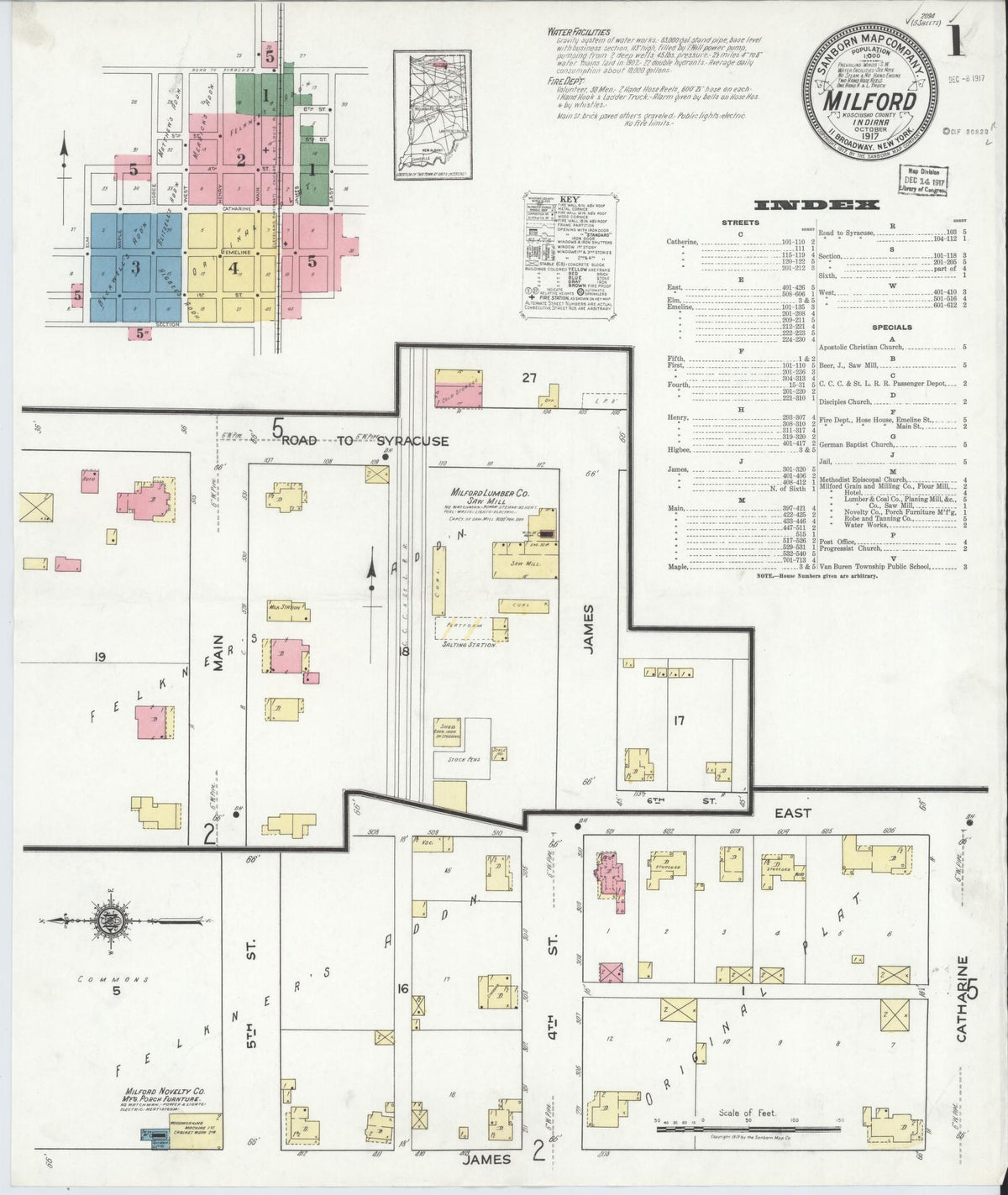 Sanborn Fire Insurance Map from Milford, Kosciusko County, Indiana (1917), Sheet #0001 - Historic Sanborn Fire Insurance Map Print, vintage old map wall art, antique decor, genealogy gift, Indiana Indiana map