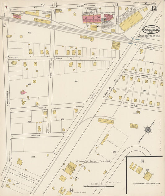 Sanborn Fire Insurance Map from Orangeburg, Orangeburg County, South Carolina (1922), Sheet #0014 - Historic Sanborn Fire Insurance Map Print, vintage old map wall art, antique decor, genealogy gift, South Carolina South Carolina map