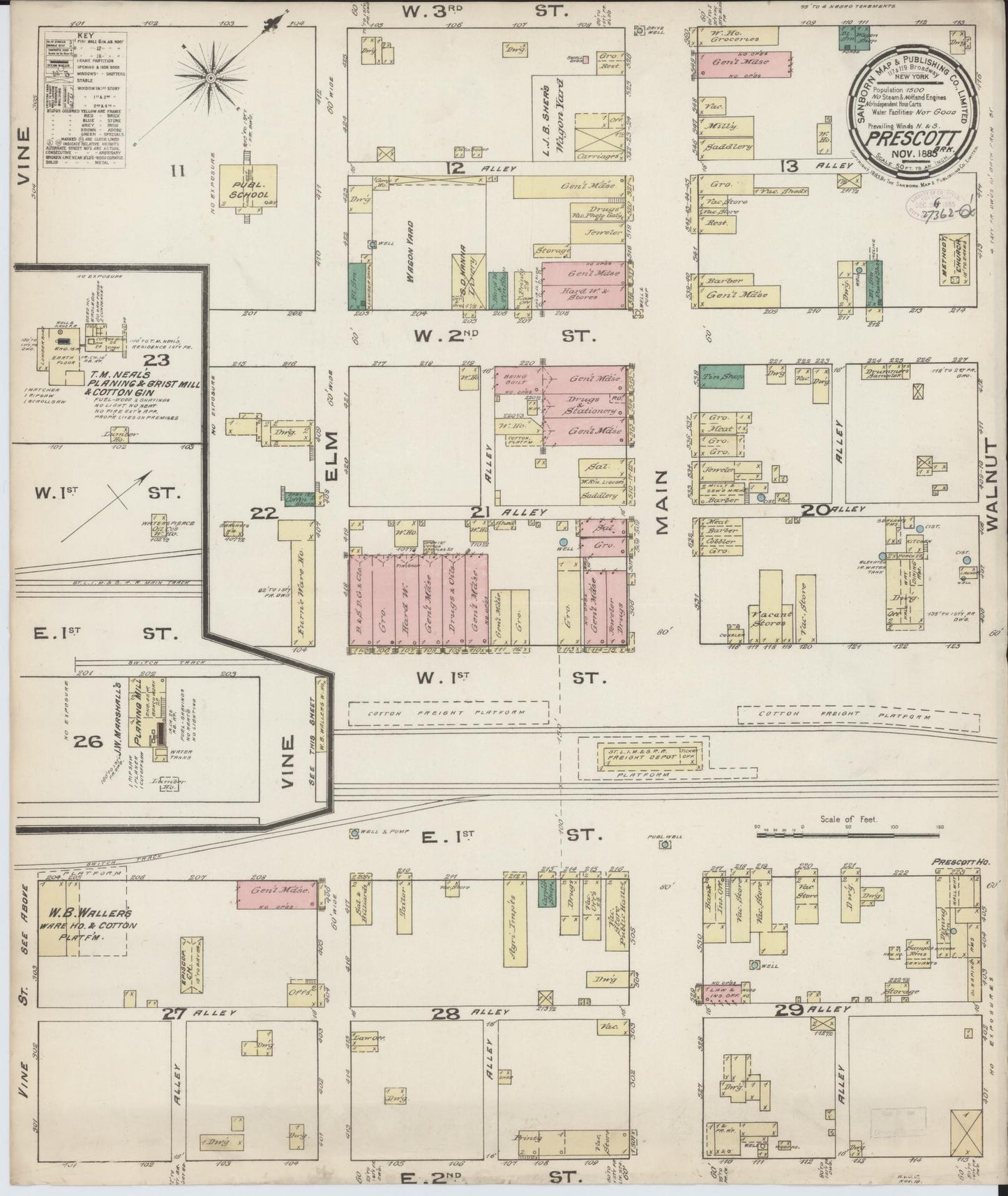 Sanborn Fire Insurance Map from Prescott, Nevada County, Arkansas (1885), Sheet #0001 - Historic Sanborn Fire Insurance Map Print, vintage old map wall art, antique decor, genealogy gift, Arkansas Arkansas map