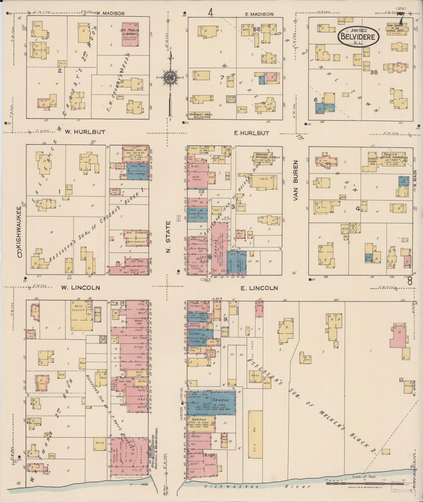 Sanborn Fire Insurance Map from Belvidere, Boone County, Illinois (1922), Sheet #0007 - Historic Sanborn Fire Insurance Map Print, vintage old map wall art, antique decor, genealogy gift, Illinois Illinois map