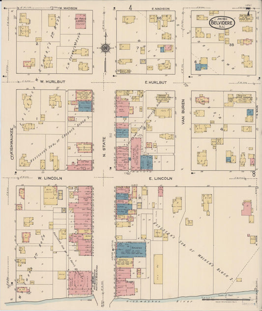 Sanborn Fire Insurance Map from Belvidere, Boone County, Illinois (1922), Sheet #0007 - Historic Sanborn Fire Insurance Map Print, vintage old map wall art, antique decor, genealogy gift, Illinois Illinois map