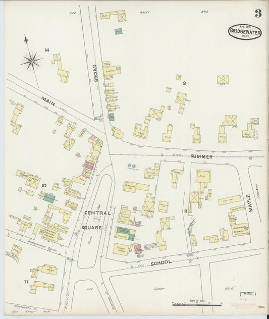 Sanborn Fire Insurance Map from Bridgewater, Plymouth County, Massachusetts (1891), Sheet #0003 - Historic Sanborn Fire Insurance Map Print, vintage old map wall art, antique decor, genealogy gift, Massachusetts Massachusetts map