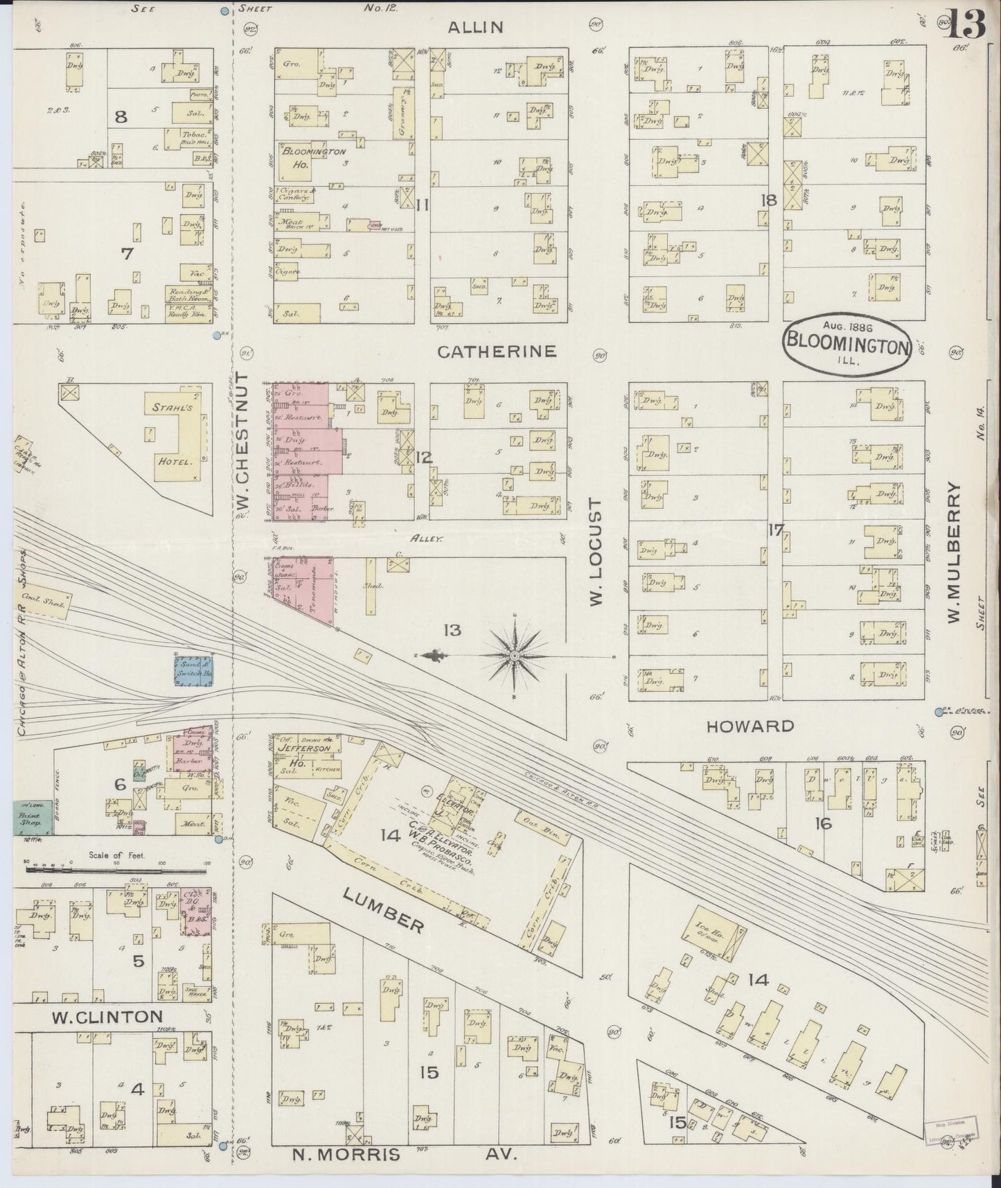 Sanborn Fire Insurance Map from Bloomington, McLean County, Illinois (1886), Sheet #0013 - Complete Map Set gallery image, historic Sanborn map, vintage wall art, Illinois Illinois