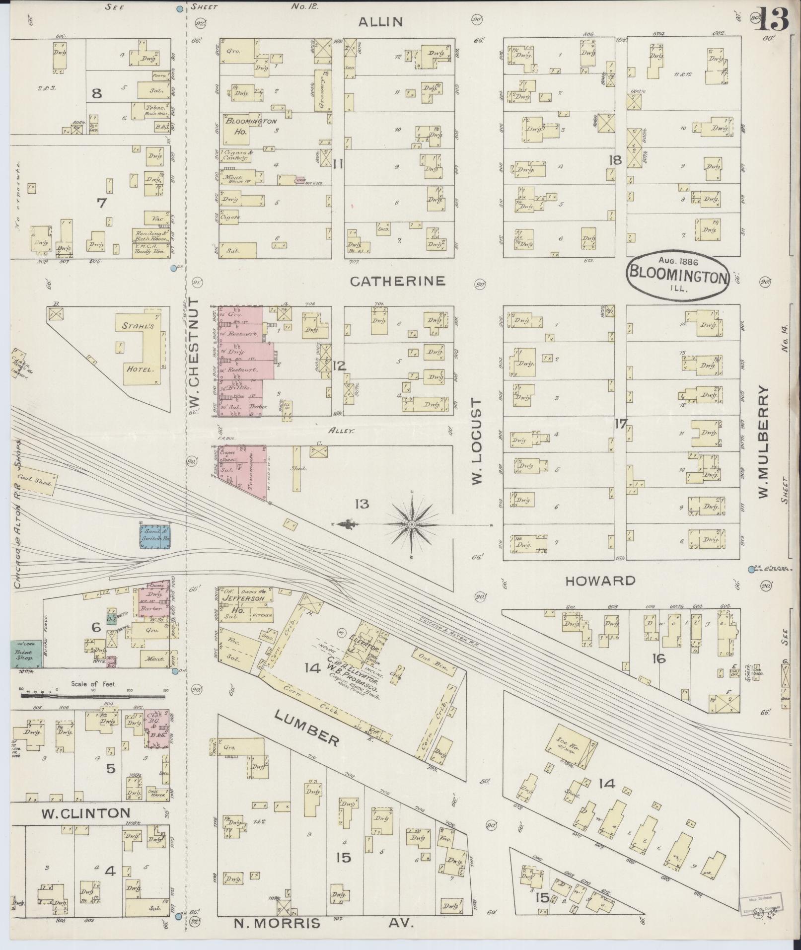 Sanborn Fire Insurance Map from Bloomington, McLean County, Illinois (1886), Sheet #0013 - Complete Map Set gallery image, historic Sanborn map, vintage wall art, Illinois Illinois