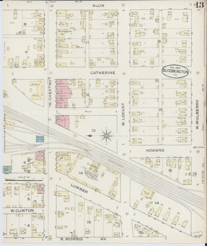 Sanborn Fire Insurance Map from Bloomington, McLean County, Illinois (1886), Sheet #0013 - Complete Map Set gallery image, historic Sanborn map, vintage wall art, Illinois Illinois