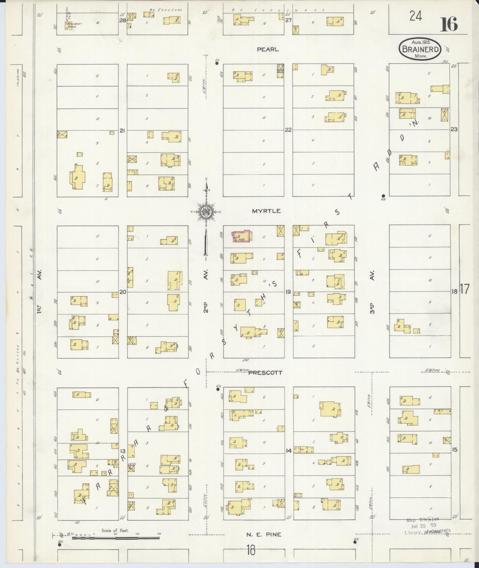 Sanborn Fire Insurance Map from Brainerd, Crow Wing County, Minnesota (1913), Sheet #0016 - Historic Sanborn Fire Insurance Map Print, vintage old map wall art, antique decor, genealogy gift, Minnesota Minnesota map
