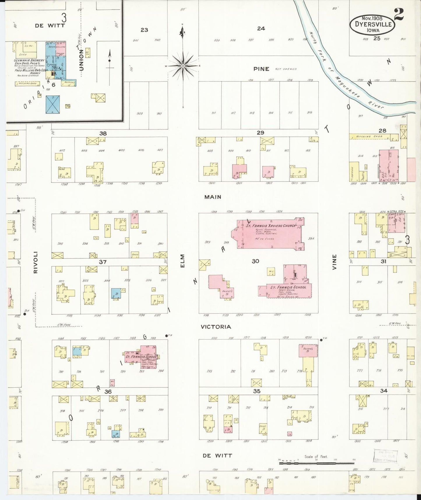 Sanborn Fire Insurance Map from Dyersville, Dubuque County, Iowa (1908), Sheet #0002 - Historic Sanborn Fire Insurance Map Print, vintage old map wall art