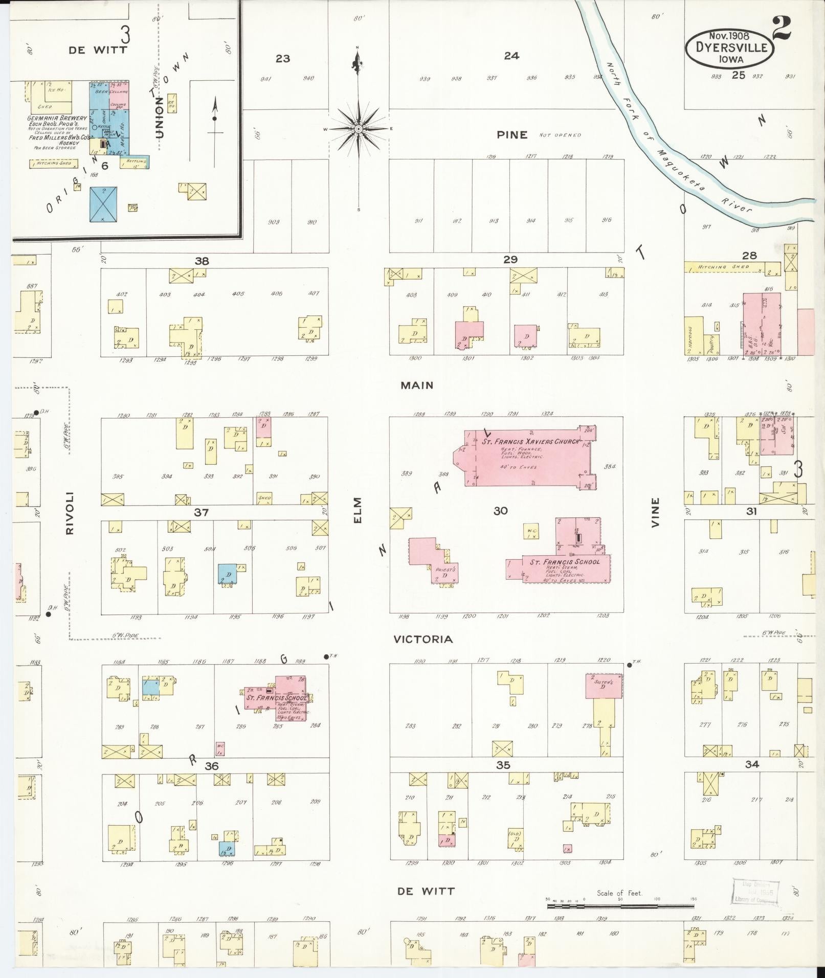 Sanborn Fire Insurance Map from Dyersville, Dubuque County, Iowa (1908), Sheet #0002 - Historic Sanborn Fire Insurance Map Print, vintage old map wall art