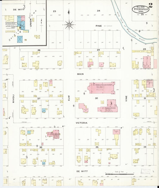 Sanborn Fire Insurance Map from Dyersville, Dubuque County, Iowa (1908), Sheet #0002 - Historic Sanborn Fire Insurance Map Print, vintage old map wall art
