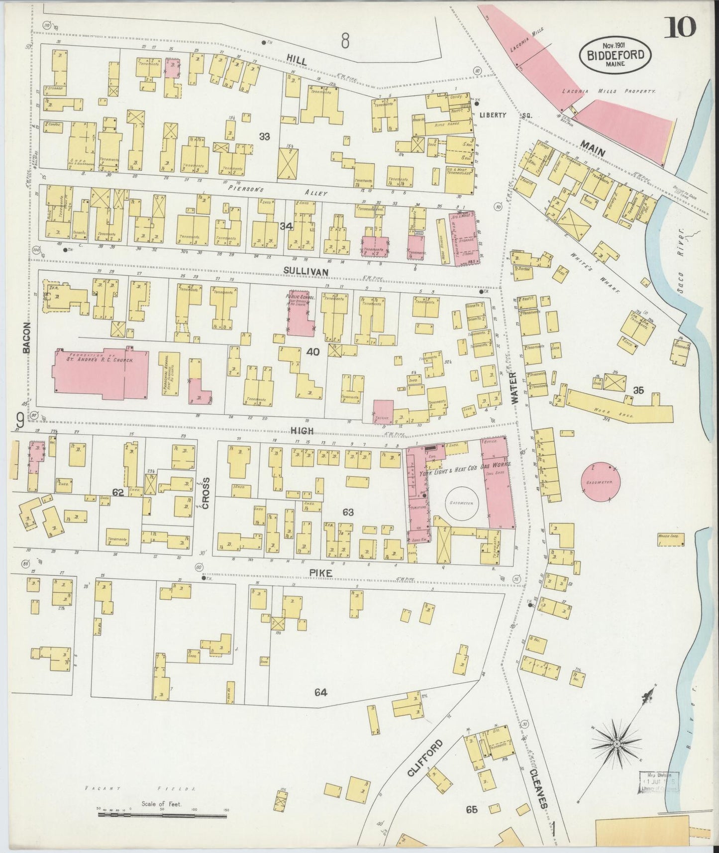 Sanborn Fire Insurance Map from Biddeford, York County, Maine (1901), Sheet #0010 - Historic Sanborn Fire Insurance Map Print, vintage old map wall art, antique decor, genealogy gift, Maine Maine map