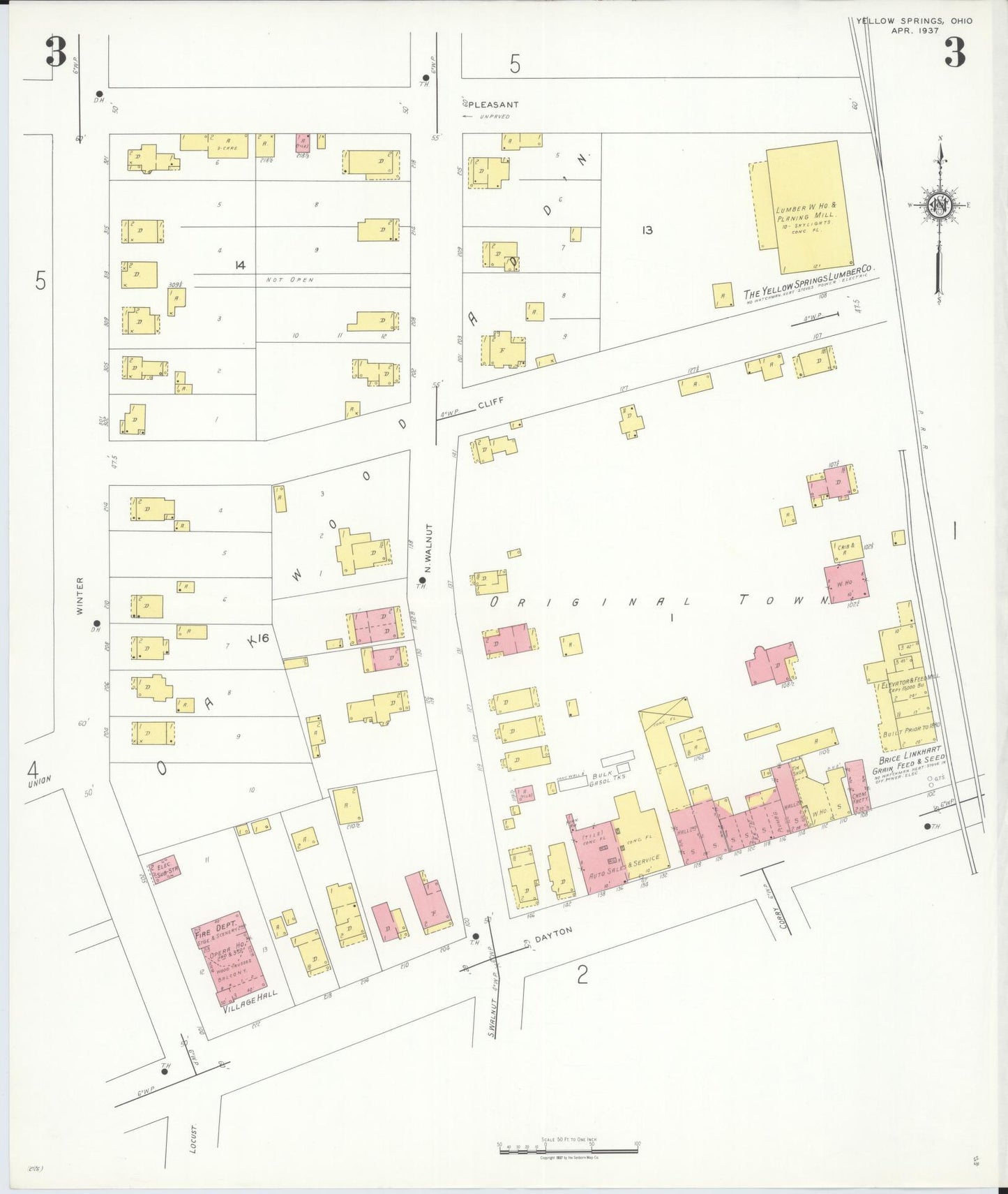 Sanborn Fire Insurance Map from Yellow Springs, Greene County, Ohio (1937), Sheet #0003 - Historic Sanborn Fire Insurance Map Print, vintage old map wall art, antique decor, genealogy gift, Ohio Ohio map