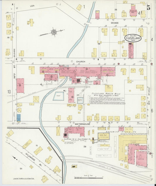 Sanborn Fire Insurance Map from Cleveland, Bradley County, Tennessee (1912), Sheet #0005 - Historic Sanborn Fire Insurance Map Print, vintage old map wall art, antique decor, genealogy gift, Tennessee Tennessee map
