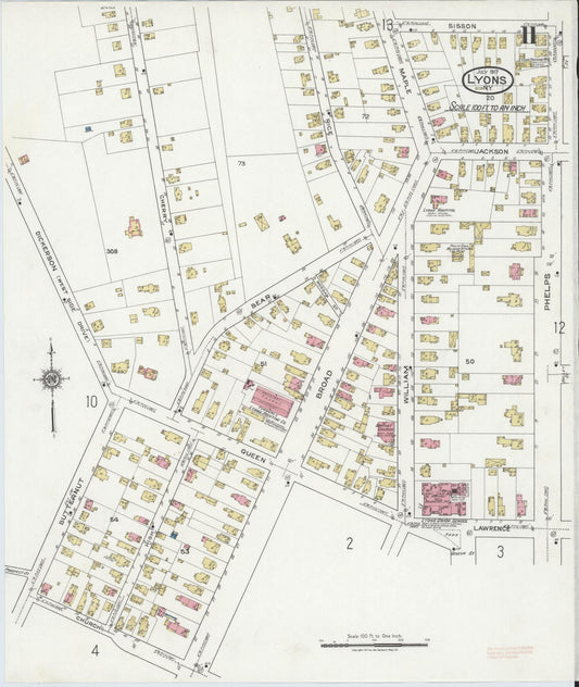 Sanborn Fire Insurance Map from Lyons, Wayne County, New York (1917), Sheet #0011 - Historic Sanborn Fire Insurance Map Print, vintage old map wall art, antique decor, genealogy gift, New York New York map