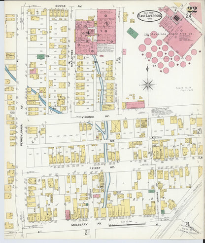 Sanborn Fire Insurance Map from East Liverpool, Columbiana County, Ohio (1908), Sheet #0022 - Historic Sanborn Fire Insurance Map Print, vintage old map wall art, antique decor, genealogy gift, Ohio Ohio map