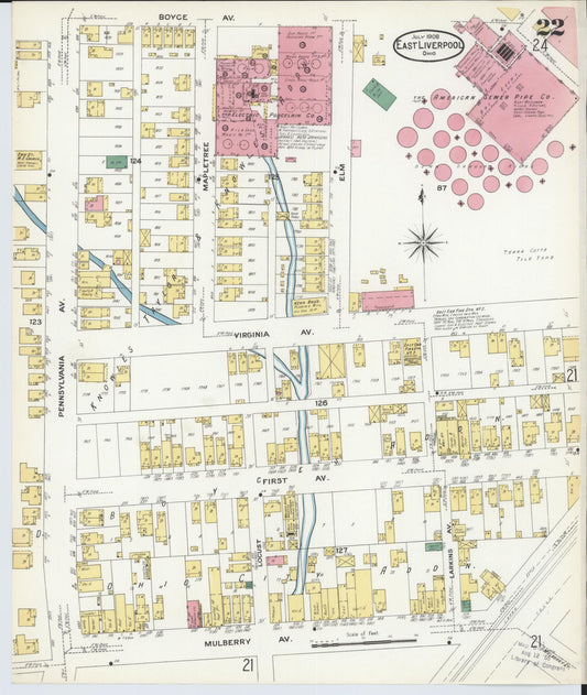 Sanborn Fire Insurance Map from East Liverpool, Columbiana County, Ohio (1908), Sheet #0022 - Historic Sanborn Fire Insurance Map Print, vintage old map wall art, antique decor, genealogy gift, Ohio Ohio map