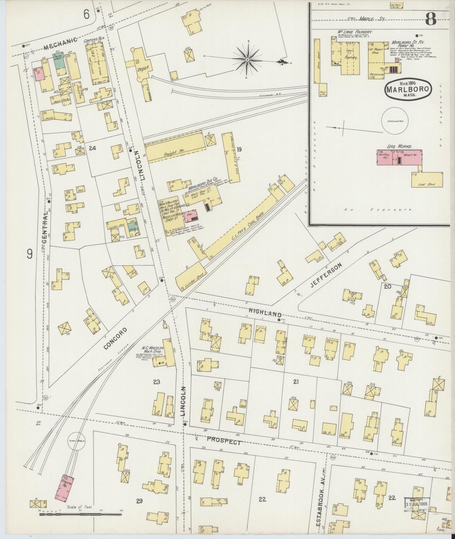 Sanborn Fire Insurance Map from Marlborough, Middlesex County, Massachusetts (1896), Sheet #0008 - Complete Map Set gallery image, historic Sanborn map, vintage wall art, Massachusetts Massachusetts